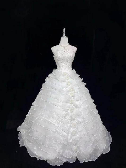 Modest Ball Gown Strapless White With Tiered Layers Beading Long Quince Dress Voluminous Sweet 16 Sweet Sixteen Outfits Vestido de 15 RB7532