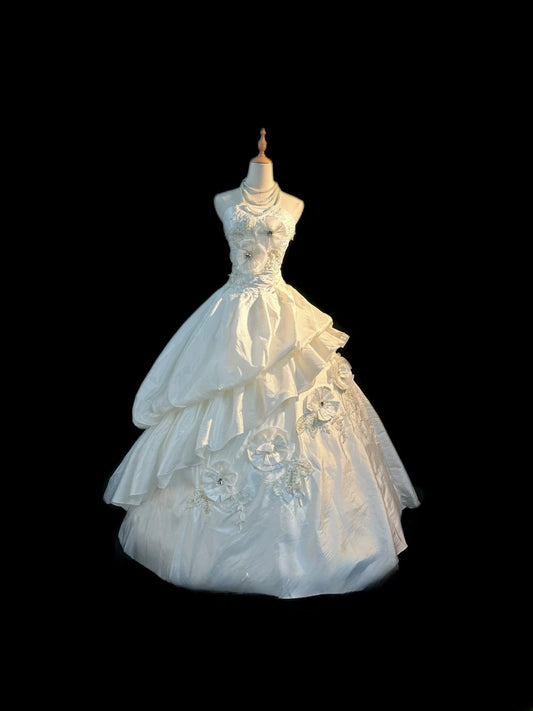 Elegant Classy Ball Gown Strapless White Taffeta With Ruffled Brides Gown Bridal Dress Long Poofy Wedding Dresses RB5804
