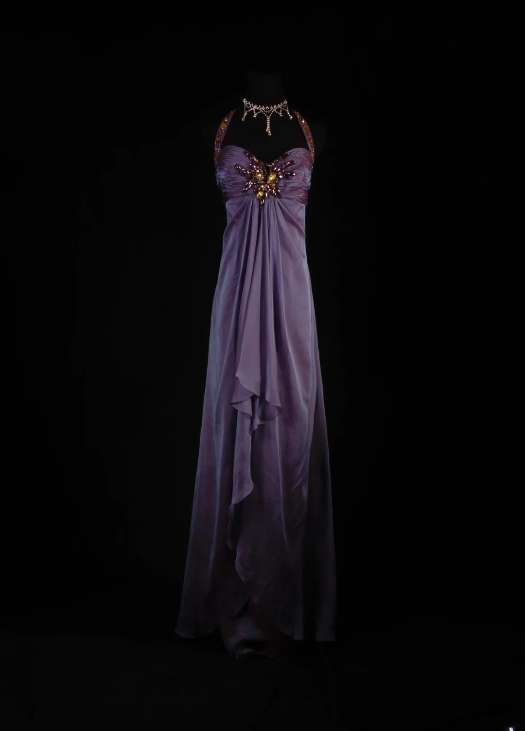 Retro-Stil der 70er und 60er Jahre: A-Linien-Kleid mit Neckholder, lila mit Strasssteinen und Cape, ärmellos, langes Ballkleid, Partykleid AS152