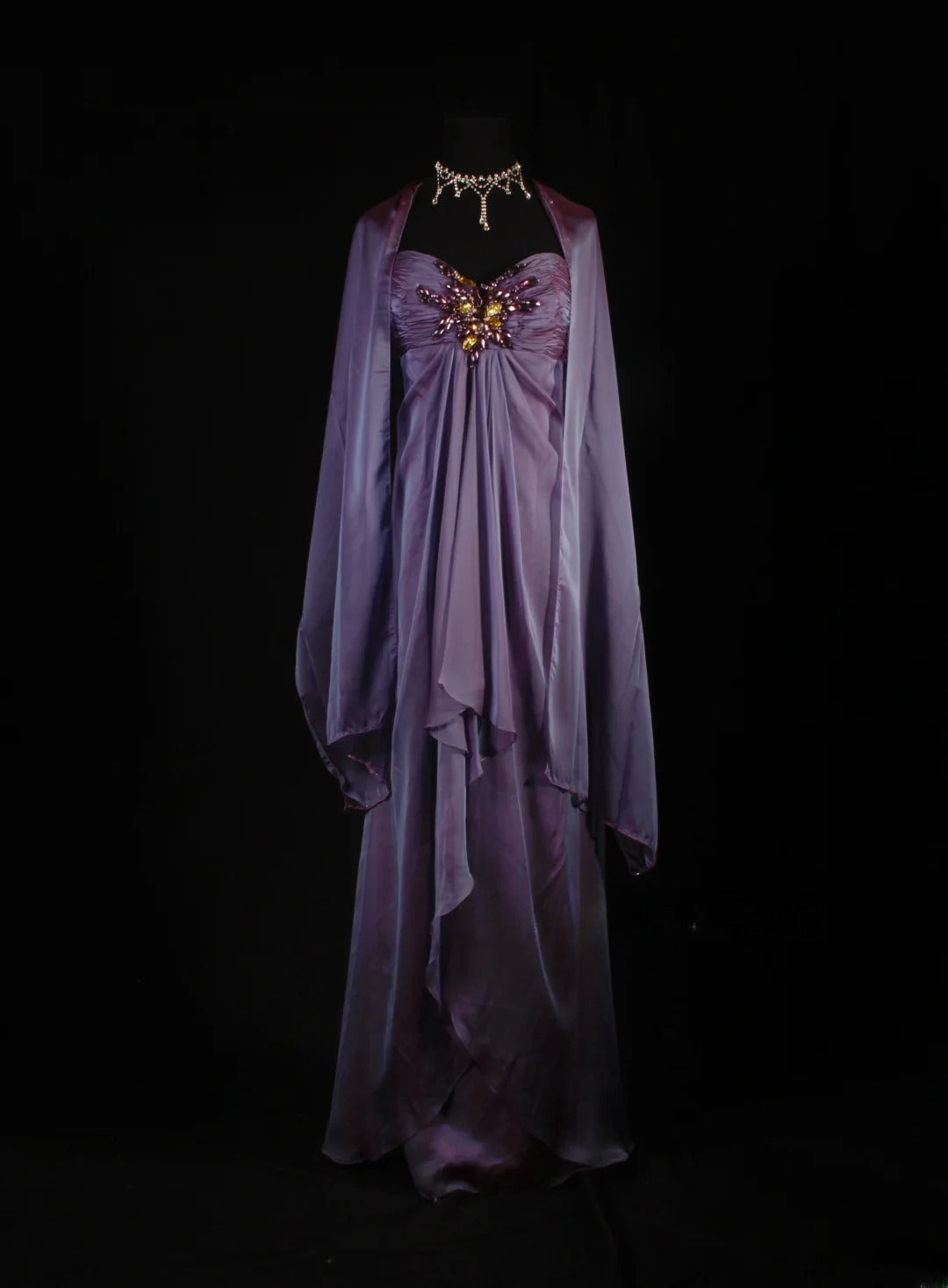 Retro-Stil der 70er und 60er Jahre: A-Linien-Kleid mit Neckholder, lila mit Strasssteinen und Cape, ärmellos, langes Ballkleid, Partykleid AS152