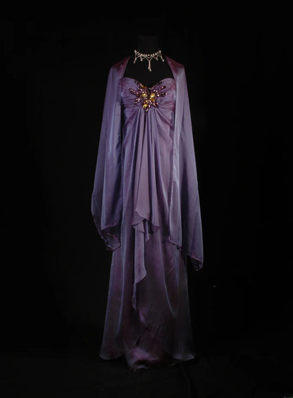 Retro-Stil der 70er und 60er Jahre: A-Linien-Kleid mit Neckholder, lila mit Strasssteinen und Cape, ärmellos, langes Ballkleid, Partykleid AS152