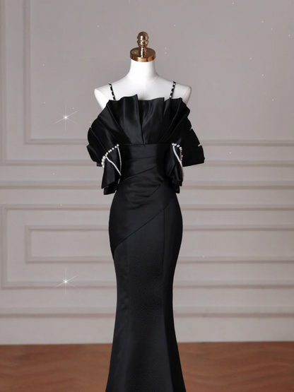 Robe de bal sirène à fines bretelles noires, inspiration robe de bal en satin, robe de fin d'études AS152