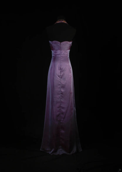 Retro-Stil der 70er und 60er Jahre: A-Linien-Kleid mit Neckholder, lila mit Strasssteinen und Cape, ärmellos, langes Ballkleid, Partykleid AS152