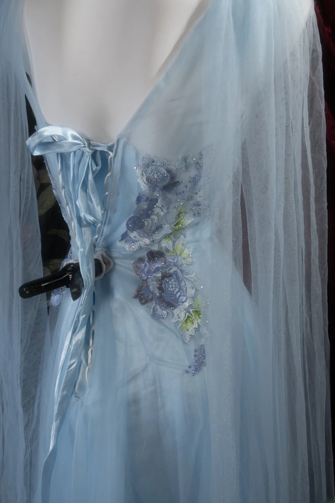 Charming A Line V Neckline Blue Tulle With Appliqued Long Prom Dresses Formal Outfits Evening Dress RB8289