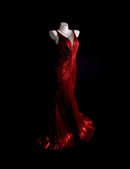 Red Prom Dress Inspo Mermaid V Neck Satin With Slit Modest Long Formal Party Gown RB9946