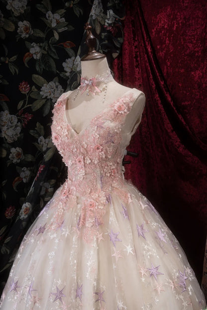 Chic Ball Gown V Neck Tulle Pink Long With Appliqued Quince Dress inspo Party Gowns Sweet 16 Outfits RB8290