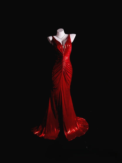 Red Prom Dress Inspo Mermaid V Neck Satin With Slit Modest Long Formal Party Gown RB9946