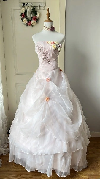 Dezentes, langes, trägerloses Ballkleid in Hellrosa mit Applikationen für Sweet 16, Geburtstagsparty, RC0518