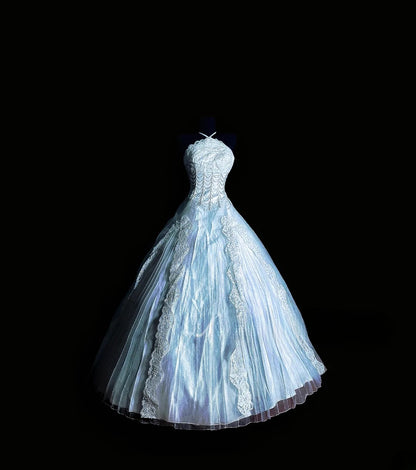 Cute Ball Gown Halter Light Sky Blue Tulle Lace Long Quinceañera Dress Moda 2000 15 Quinceanera Dresses Ideas Sweet 16 Outfits RB7132