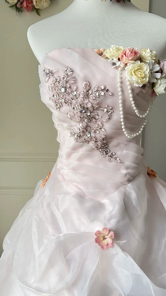 Dezentes, langes, trägerloses Ballkleid in Hellrosa mit Applikationen für Sweet 16, Geburtstagsparty, RC0518
