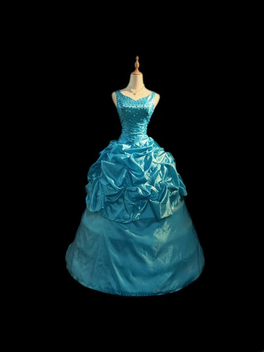 Prinzessin Ballkleid Herzform Blau Satin Lang Mit Perlen Sweet 16 Kleider Siebzehn Quince Kleid RB3594
