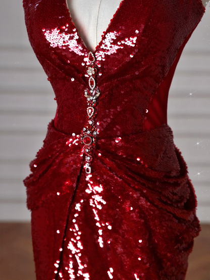 Robe de bal longue bordeaux à paillettes, dos nu, style sirène, ornée de sequins, idéale pour une soirée dansante ou un anniversaire (AB2209)