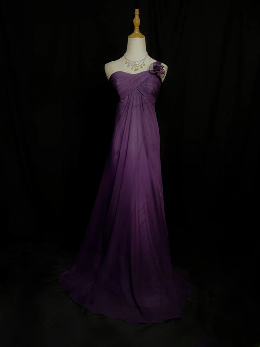 Retro A line One Shoulder Purple Chiffon Long Date Night Outfits Semi Formal Prom Wedding Guest Dresses RB5963