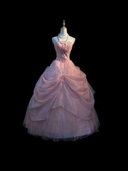 Prinzessin Ballkleid Trägerlos Rosa Tüll Lang Mit Perlen Sweet 16 Kleider Seventeen Quinceanera Kleid RB3595
