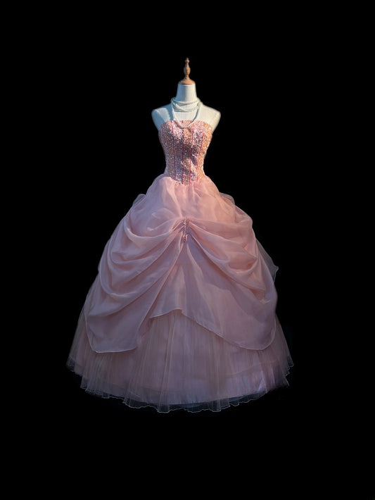 Prinzessin Ballkleid Trägerlos Rosa Tüll Lang Mit Perlen Sweet 16 Kleider Seventeen Quinceanera Kleid RB3595
