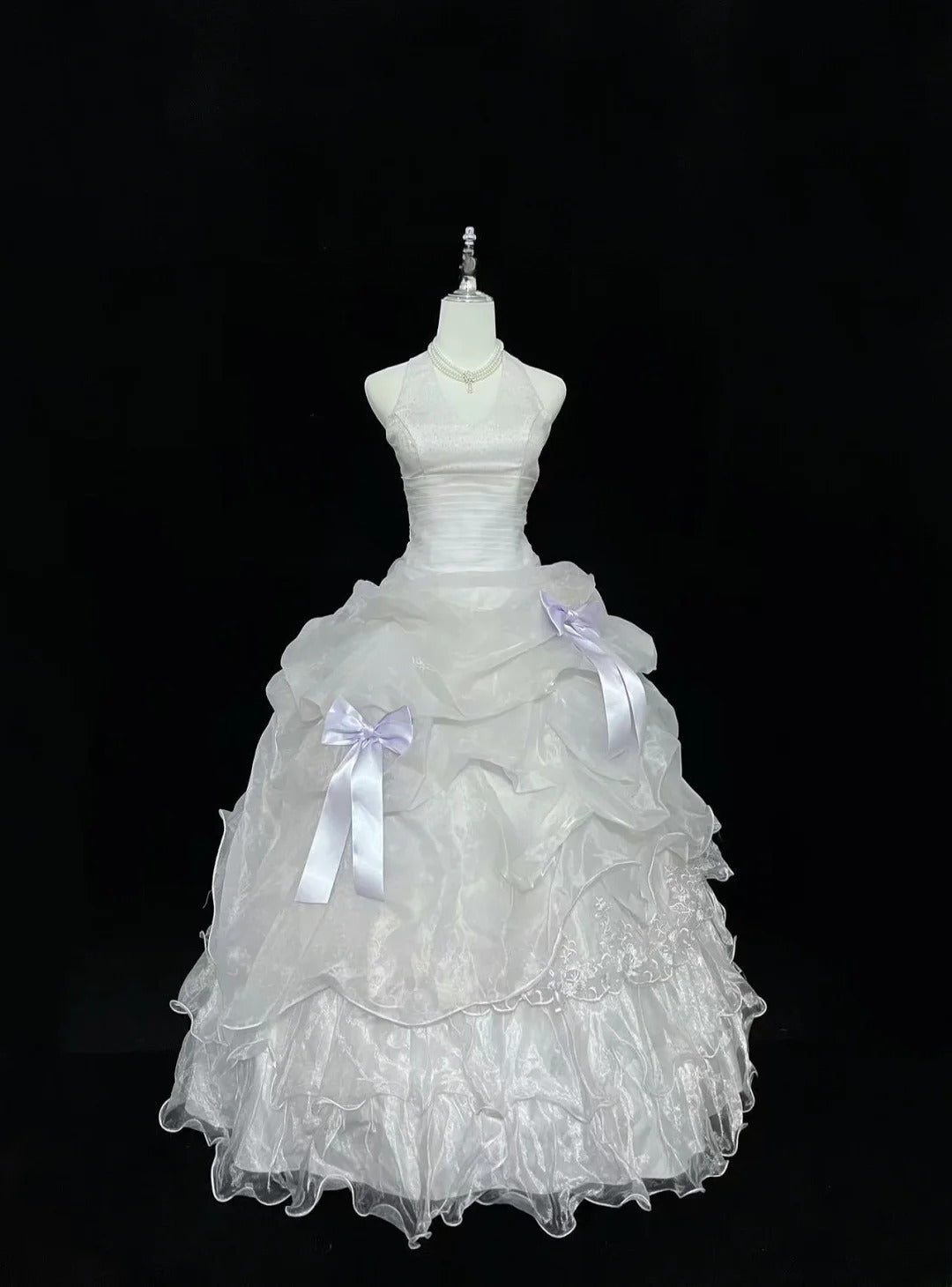 Modest Ball Gown Halter White With Tiered Layers Lilac Bow Long Quince Dress Voluminous Sweet 16 Sweet Sixteen Outfits Vestido de 15 RB7535