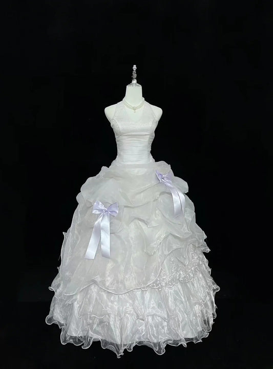 Modest Ball Gown Halter White With Tiered Layers Lilac Bow Long Quince Dress Voluminous Sweet 16 Sweet Sixteen Outfits Vestido de 15 RB7535