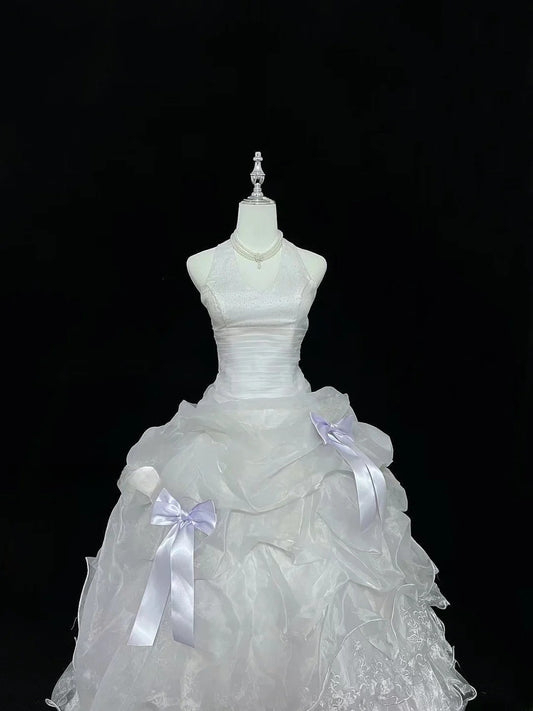 Modest Ball Gown Halter White With Tiered Layers Lilac Bow Long Quince Dress Voluminous Sweet 16 Sweet Sixteen Outfits Vestido de 15 RB7535