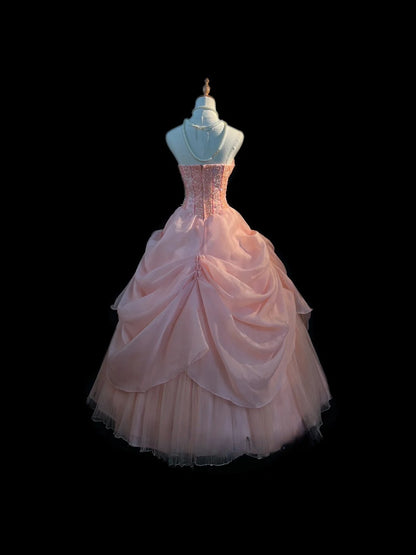 Prinzessin Ballkleid Trägerlos Rosa Tüll Lang Mit Perlen Sweet 16 Kleider Seventeen Quinceanera Kleid RB3595