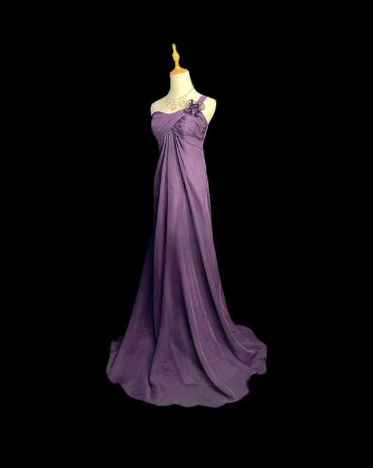 Retro A line One Shoulder Purple Chiffon Long Date Night Outfits Semi Formal Prom Wedding Guest Dresses RB5963
