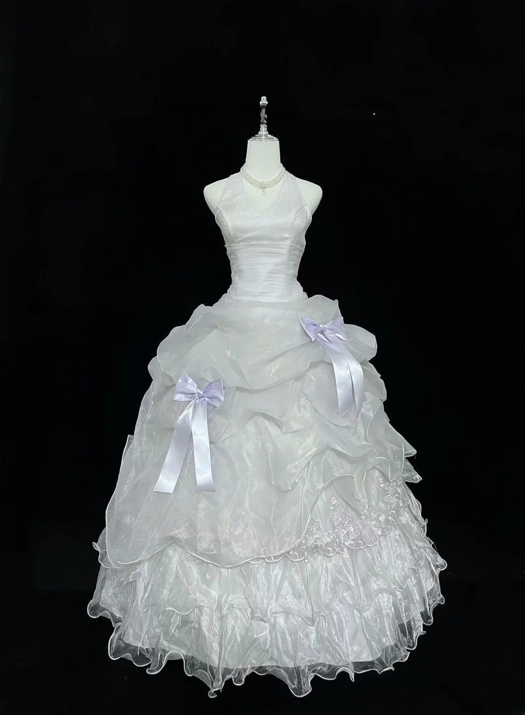 Modest Ball Gown Halter White With Tiered Layers Lilac Bow Long Quince Dress Voluminous Sweet 16 Sweet Sixteen Outfits Vestido de 15 RB7535