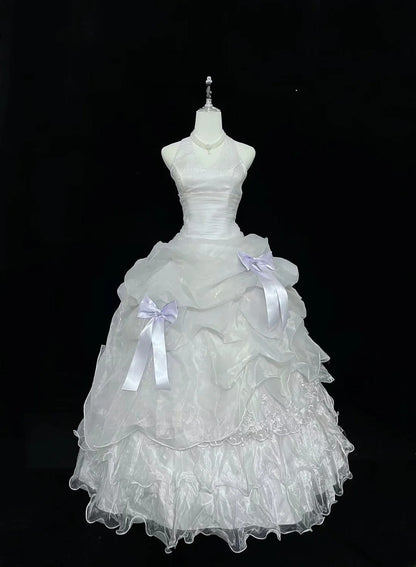 Modest Ball Gown Halter White With Tiered Layers Lilac Bow Long Quince Dress Voluminous Sweet 16 Sweet Sixteen Outfits Vestido de 15 RB7535