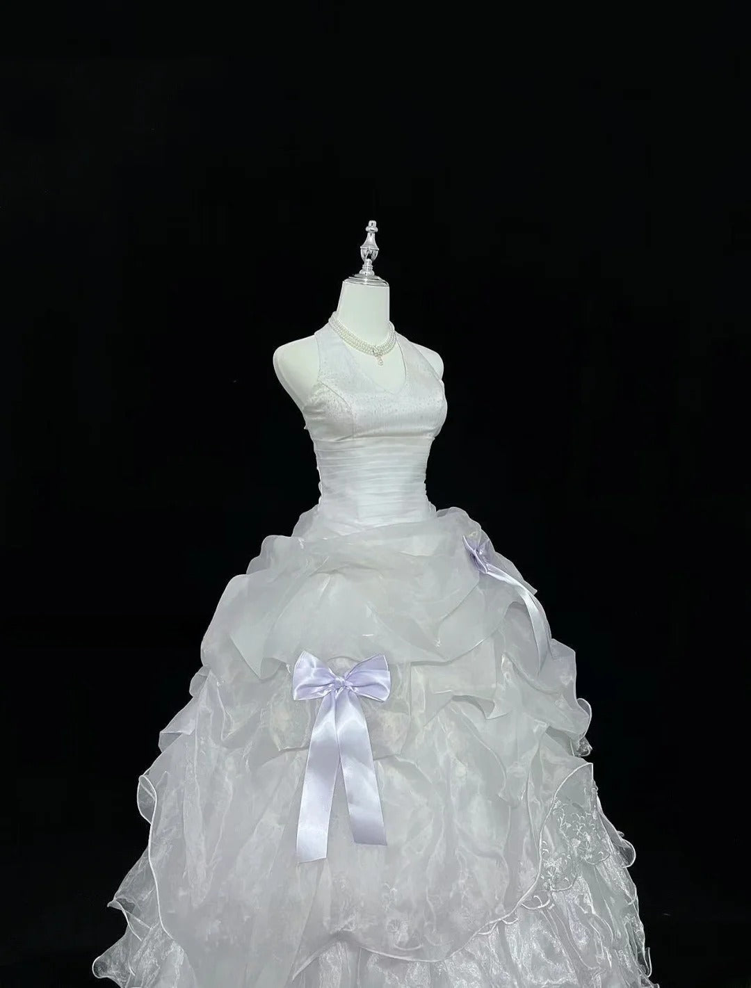 Modest Ball Gown Halter White With Tiered Layers Lilac Bow Long Quince Dress Voluminous Sweet 16 Sweet Sixteen Outfits Vestido de 15 RB7535