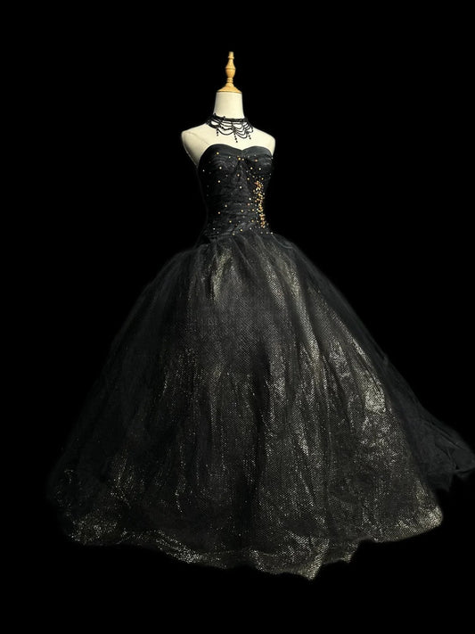 Pretty Ball Gown Sweetheart Black Tulle With Gold Beads Long 15 Quinceanera Dresses Photo Ideas Formal Outfit RB5965