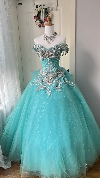 Elegantes langes schulterfreies Ballkleid aus blauem Tüll für die Sweet 16 Party, Geburtstags-Kleider RC0520