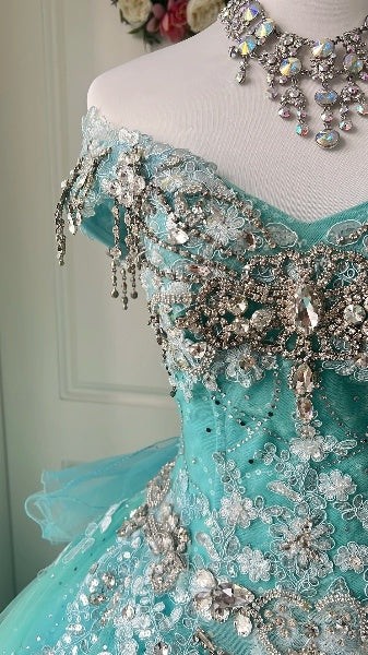 Elegantes langes schulterfreies Ballkleid aus blauem Tüll für die Sweet 16 Party, Geburtstags-Kleider RC0520
