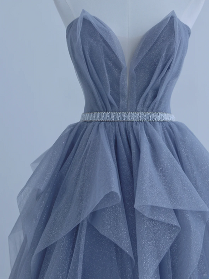 Robe de bal bustier en tulle bleu poudré, robe longue élégante pour un 18e anniversaire, modèle AS156