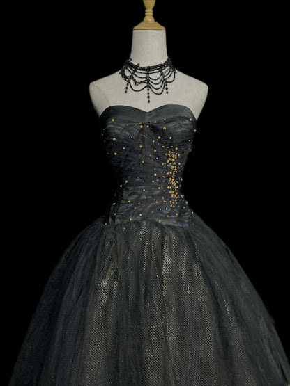 Pretty Ball Gown Sweetheart Black Tulle With Gold Beads Long 15 Quinceanera Dresses Photo Ideas Formal Outfit RB5965