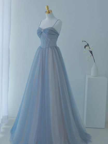 Robe de bal élégante à fines bretelles en tulle bleu poudré, longue robe de soirée, tenue parfaite pour un 18e anniversaire, robe de bal AS157