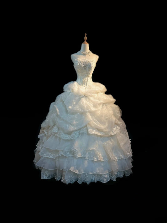 Elegant Classy Ball Gown Strapless White Organza With Beads Brides Gown Bridal Dress Long Poofy Wedding Dresses RB5806