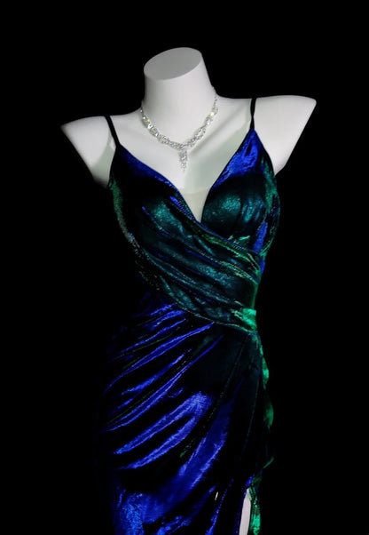 Blue Prom Dress Inspo Mermaid Spaghetti Straps Satin With Slit Modest Long Formal Party Gown RB9950