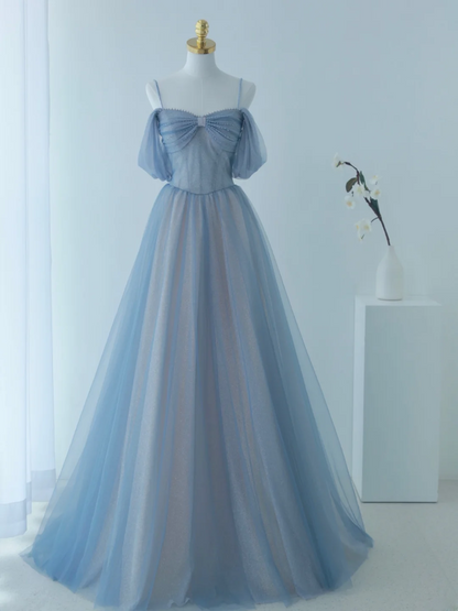 Robe de bal élégante à fines bretelles en tulle bleu poudré, longue robe de soirée, tenue parfaite pour un 18e anniversaire, robe de bal AS157