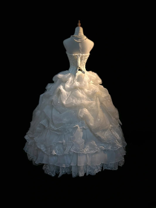 Elegant Classy Ball Gown Strapless White Organza With Beads Brides Gown Bridal Dress Long Poofy Wedding Dresses RB5806