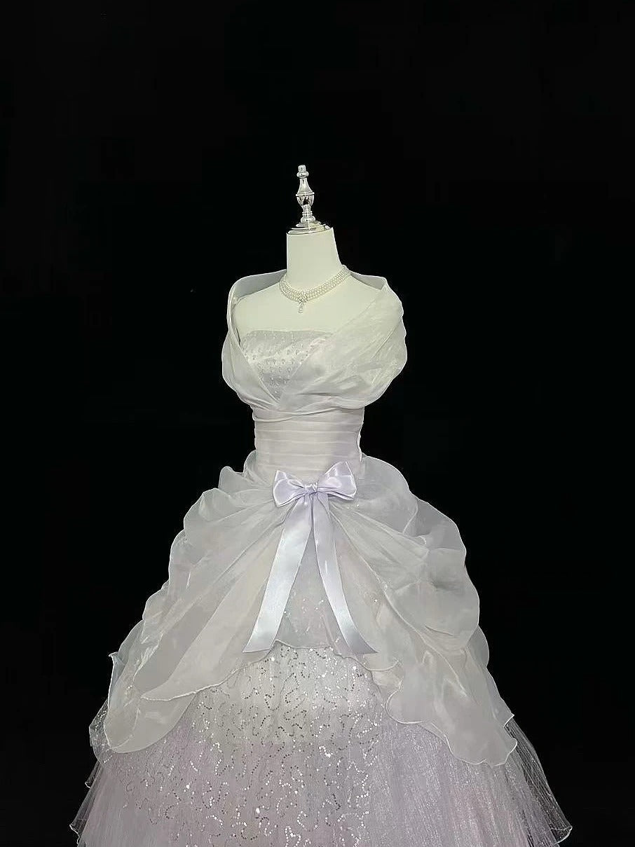 Cute Ball Gown Strapless White With Tiered Layers Lilac Bow Long Quince Dress Voluminous Sweet 16 Sweet Sixteen Outfits Vestido de 15 RB7537