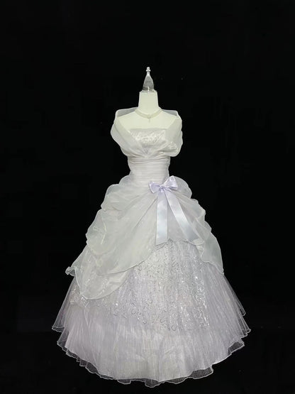 Cute Ball Gown Strapless White With Tiered Layers Lilac Bow Long Quince Dress Voluminous Sweet 16 Sweet Sixteen Outfits Vestido de 15 RB7537