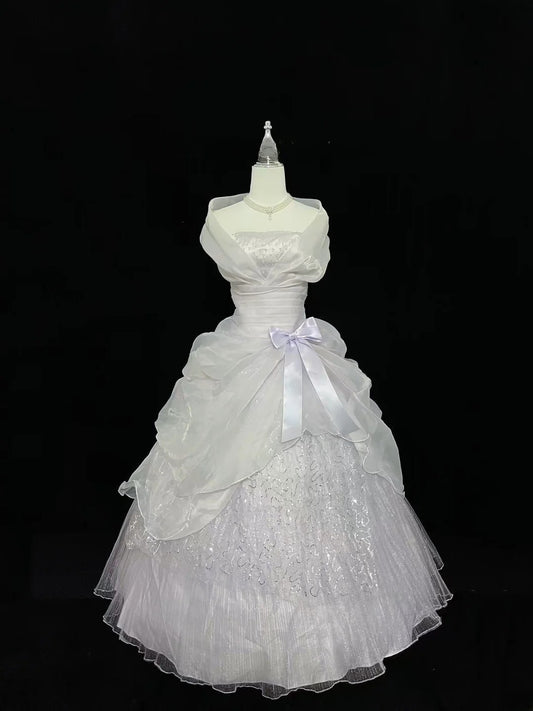 Cute Ball Gown Strapless White With Tiered Layers Lilac Bow Long Quince Dress Voluminous Sweet 16 Sweet Sixteen Outfits Vestido de 15 RB7537