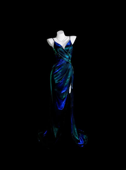 Blue Prom Dress Inspo Mermaid Spaghetti Straps Satin With Slit Modest Long Formal Party Gown RB9950