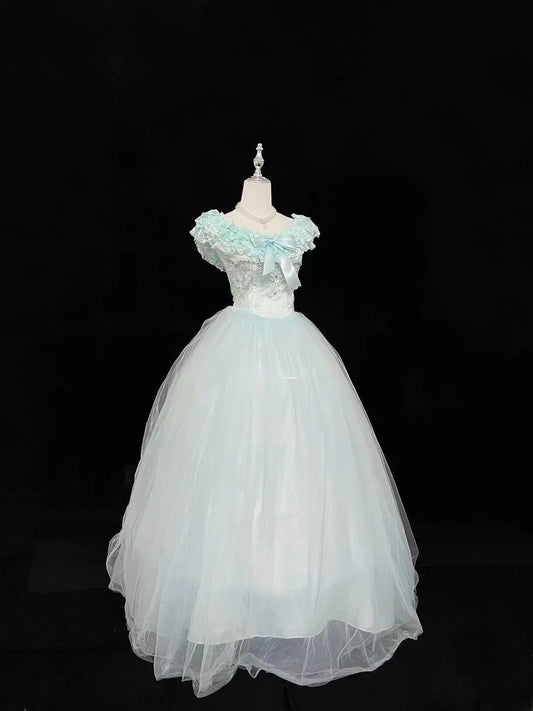 Cute Ball Gown Boat Mint Green With Tiered Layers Lilac Bow Long Quince Dress Voluminous Sweet 16 Sweet Sixteen Outfits Vestido de 15 RB7538