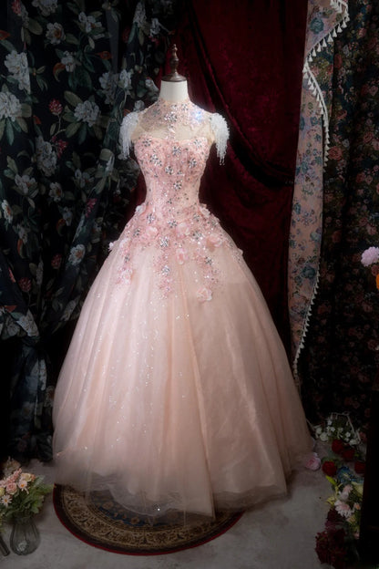 Chic Ball Gown High Neck Tulle Pink Long With Appliqued Flowers Quince Dress inspo Party Gowns Sweet 16 Outfits RB8294