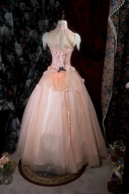 Chic Ball Gown High Neck Tulle Pink Long With Appliqued Flowers Quince Dress inspo Party Gowns Sweet 16 Outfits RB8294