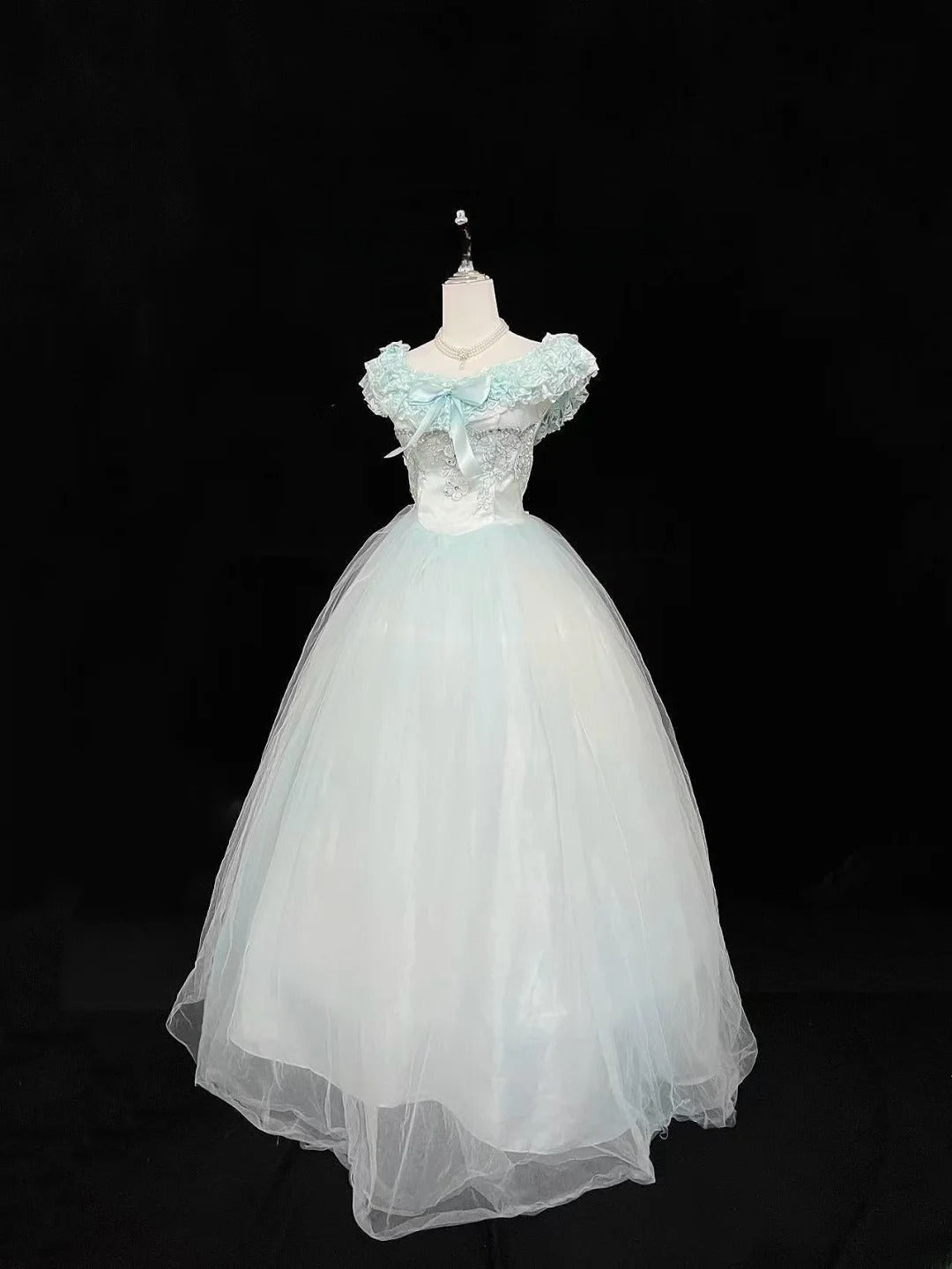 Cute Ball Gown Boat Mint Green With Tiered Layers Lilac Bow Long Quince Dress Voluminous Sweet 16 Sweet Sixteen Outfits Vestido de 15 RB7538