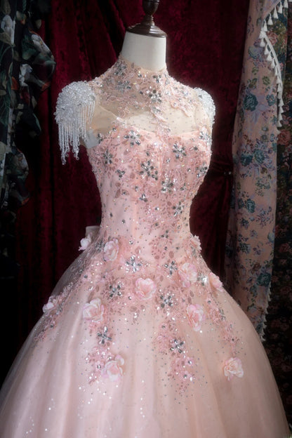 Chic Ball Gown High Neck Tulle Pink Long With Appliqued Flowers Quince Dress inspo Party Gowns Sweet 16 Outfits RB8294