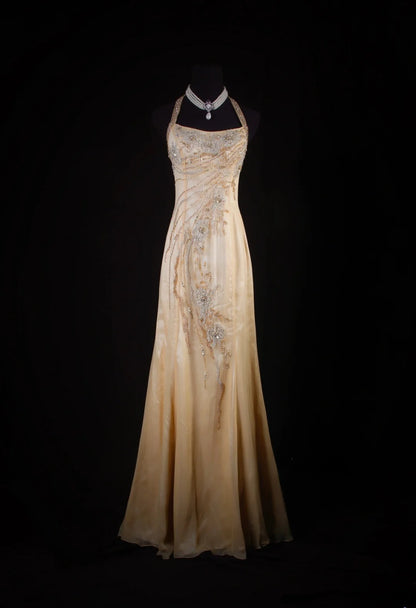 Funkelnde Ballkleider im ästhetischen Meerjungfrauen-Stil mit Neckholder in Champagner mit Perlen – Inspiration für ein beeindruckendes langes, formelles Partykleid für Teenager und Gymnasiasten AS159