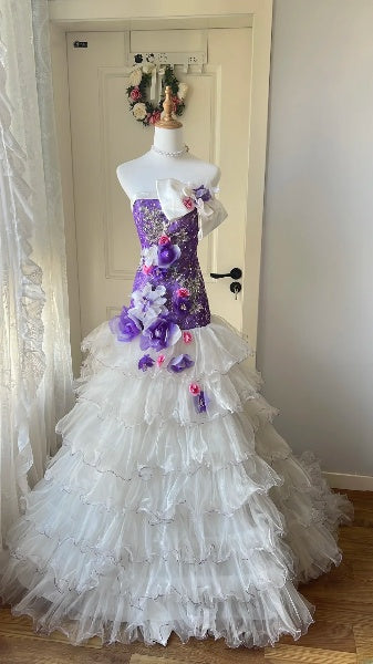 Prom Dress Mermaid Strapless Purple White Tulle Long Formal Party Gown For Senior Women RC0523