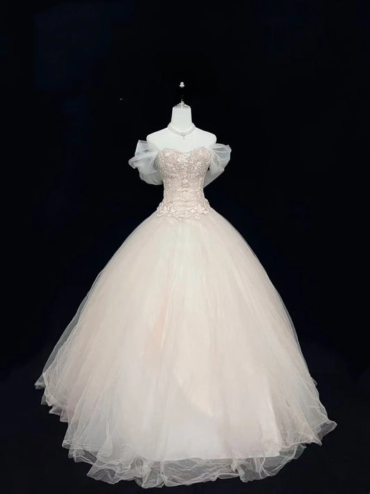Cute Ball Gown Boat Light Pink With Appliqued Sleeves Long Quince Dress Voluminous Sweet 16 Sweet Sixteen Outfits Vestido de 15 RB7539