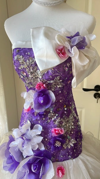 Prom Dress Mermaid Strapless Purple White Tulle Long Formal Party Gown For Senior Women RC0523